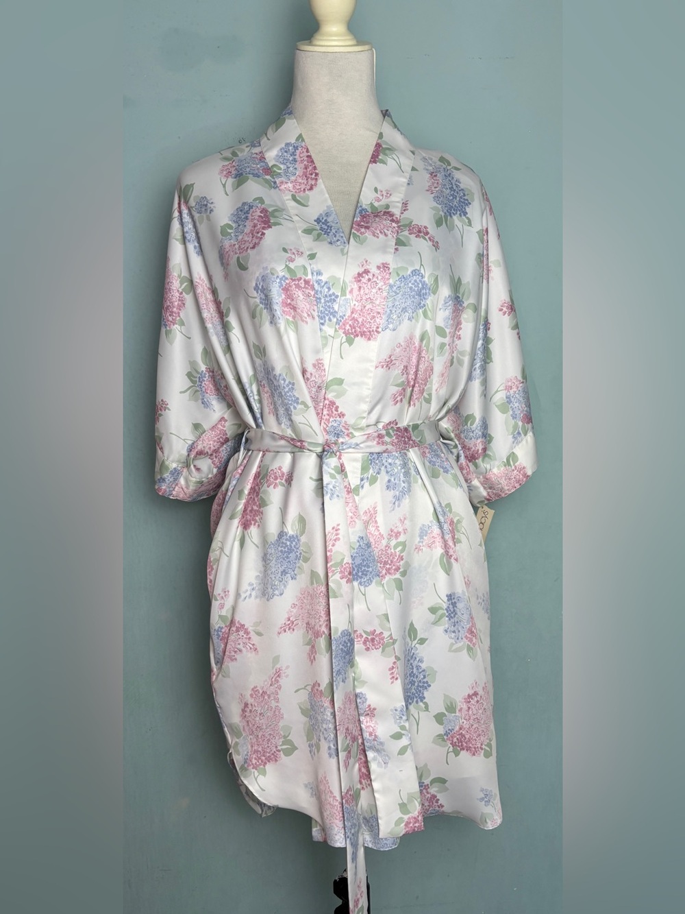 Vintage Laura Adams Satin Chemise Nightgown Robe Hydrangea 2 Pc Set L NWT